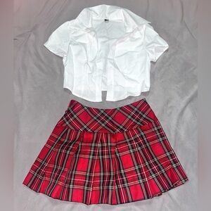 White Top and Red Plaid Skirt Set